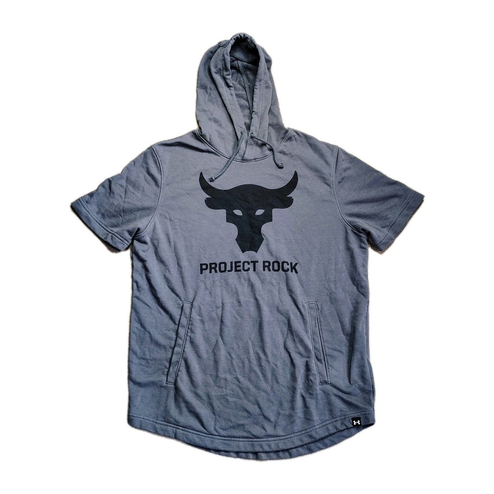 Under Armour Project Rock Hoodie Mens Medium Gray Short Sleeve Bull Graphic